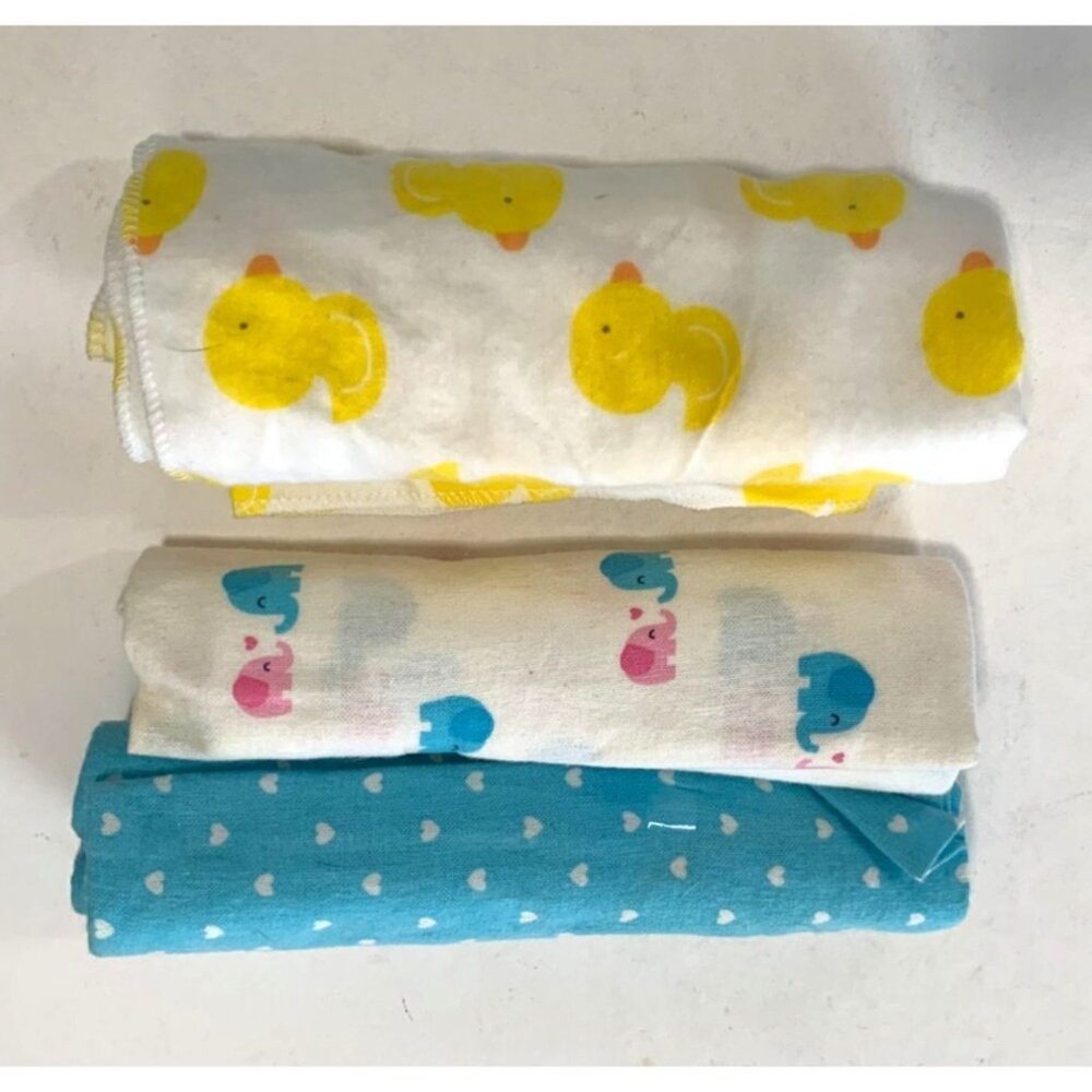 Lot of 3 Receiving Blanket Rubber duckie Elephants Hearts Yellow Blue Pink Unise